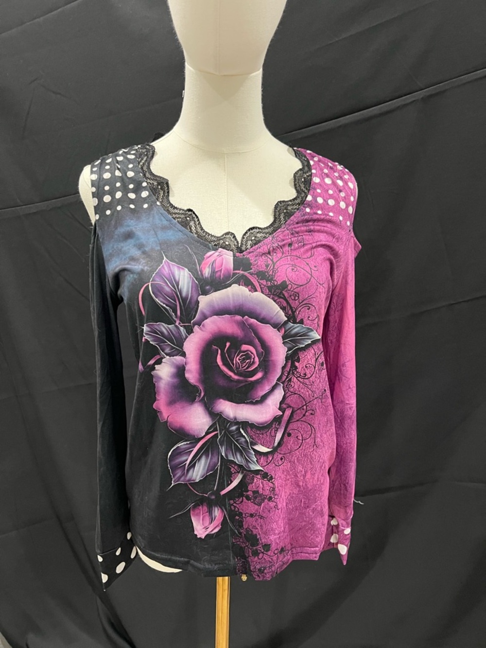 Floral Lace-Trim Long Sleeve Top - Pink & Black